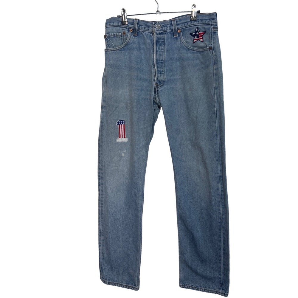 Vintage Rare Levis 501 Jeans Light Wash Unique Americana Patches USA Women 35x31